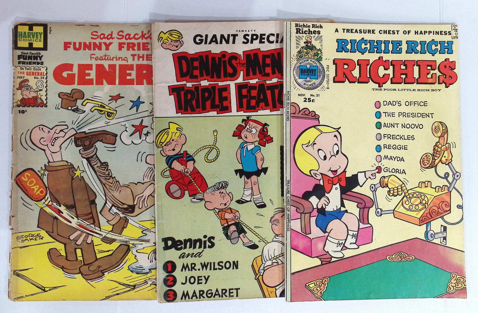 3 Vintage Comic Books: 2 Silver & 1 Bronze Harvey & Fawcett; Dennis the Menace, Sad Sack, Richie: Condition is Bad. All Comic Books come Bagged & Boarded if more Valuable; Shipping is a little more than baseball cards due to the cost of supplies, Super Heroes Collectibles, Auction Magazine Lots fo