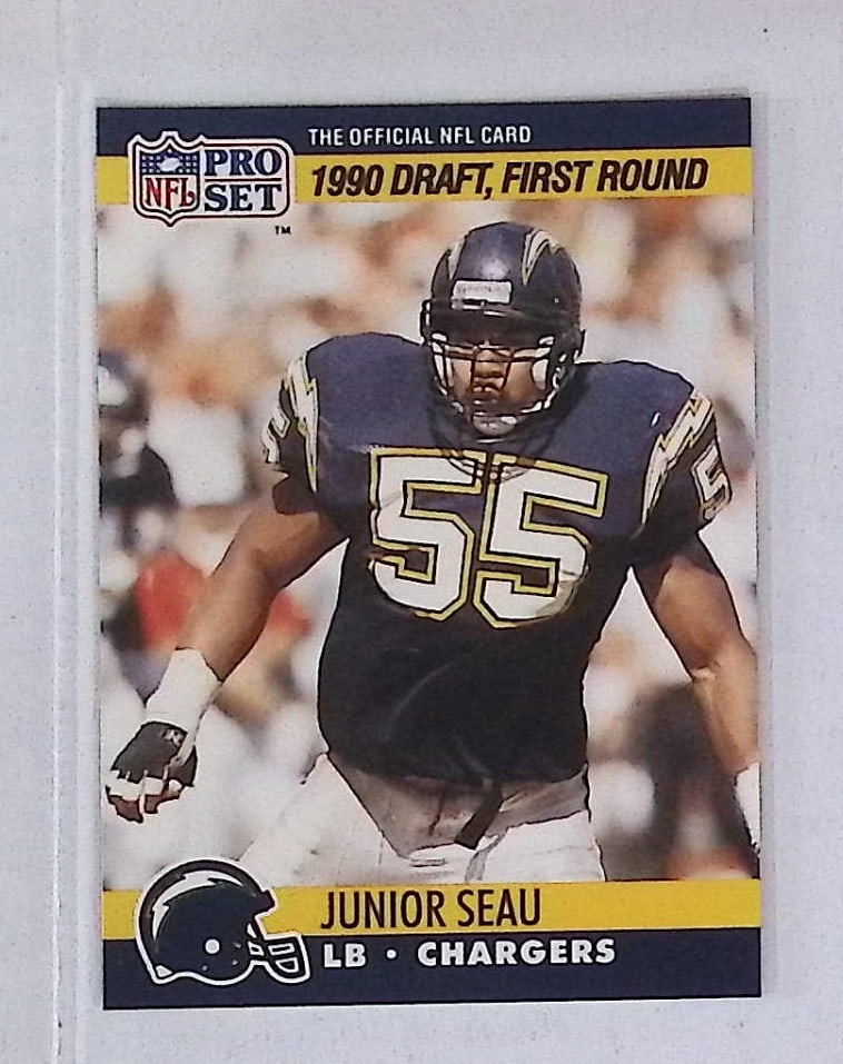 Junior Seau Rookie Card 1st Round Draft Pick 1990 Pro-Set #673 San Diego Chargers: Pro Set Vintage Football NFL Trading Cards, Old Sports Cards for Sale Near Me, Hall of Fame & Super Bowl Player Cards, Auction Memorabilia Lots for Sale on Line