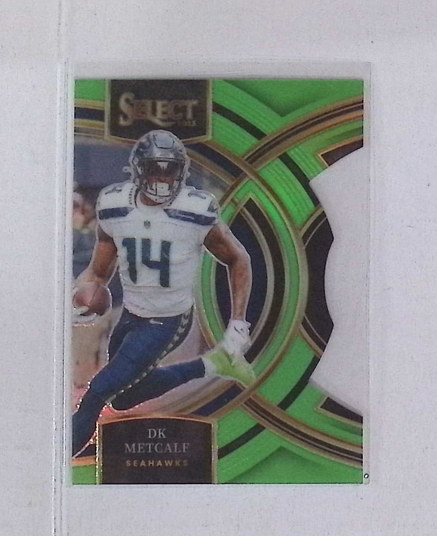 DK Metcalf 349/499 Neon Green Prizm Die-Cut 2023 Panini Select #170: Panini Select, Prizm, Mosaic, Contenders, Zenith, Phoenix, Illusions, Absolute, Rookie NFL Sports Trading Cards, SP, SSP, Cards, Football Cards for Sale Near Me, Superbowl & Hall of Fame Player Cards,