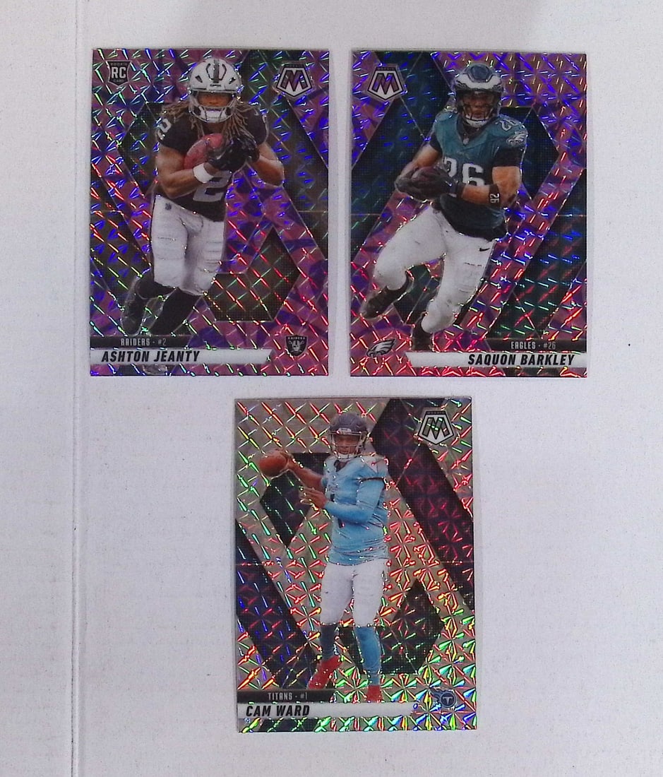 2 Purple Reactive Mosaic Prizms RC Ashton Jeanty, Saquon Barkley, RC Cam Ward Silver Mosaic Prizm: Panini Select, Prizm, Mosaic, Contenders, Zenith, Phoenix, Illusions, Absolute, Rookie NFL Sports Trading Cards, SP, SSP, Cards, Football Cards for Sale Near Me, Superbowl & Hall of Fame Player Cards,