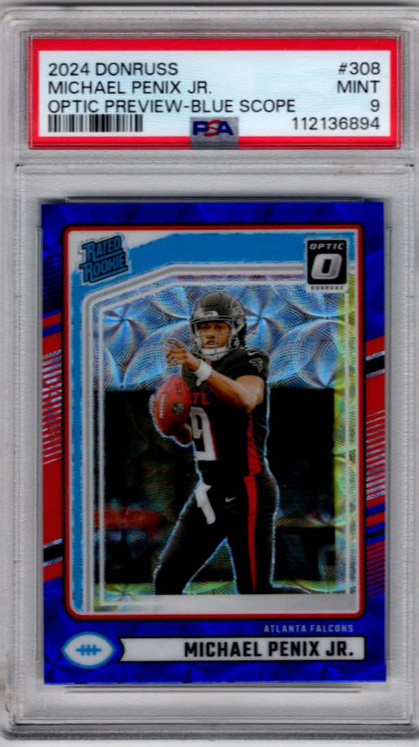 Michael Penix Jr. Rookie Card Blue Scope Prizm 2024 Donruss Optic #308 PSA 9 Falcons (1 of 2)