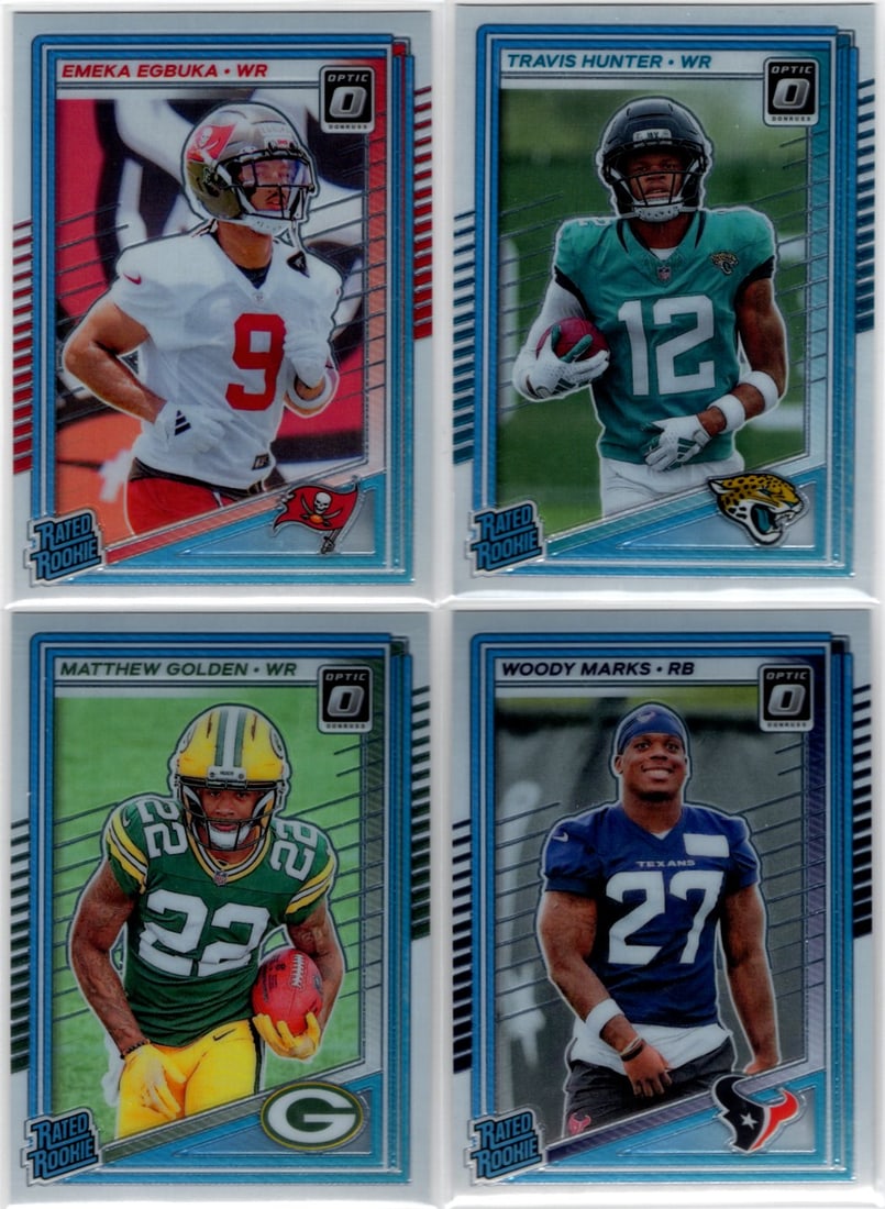 Lot of 4 2025 Donruss Optic NFL Rookie Cards. Egbuka, Hunter, Golden, Marks (1 of 2)