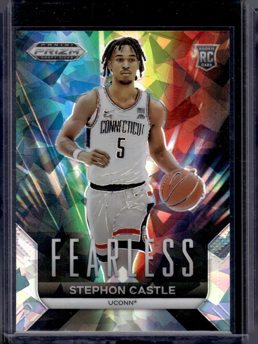 Stephon Castle Rookie Card Fearless Cracked Ice 2024 Prizm Draft Picks #25: Panini Select, Prizm, Mosaic, Contenders, Revolution, Phoenix, NBA Hoops, Rookie NFL Sports Trading Cards, Silver, SP, SSP, Wave Prizms, Numbered Cards, Basketball sports Cards for Sale Near Me, NBA C