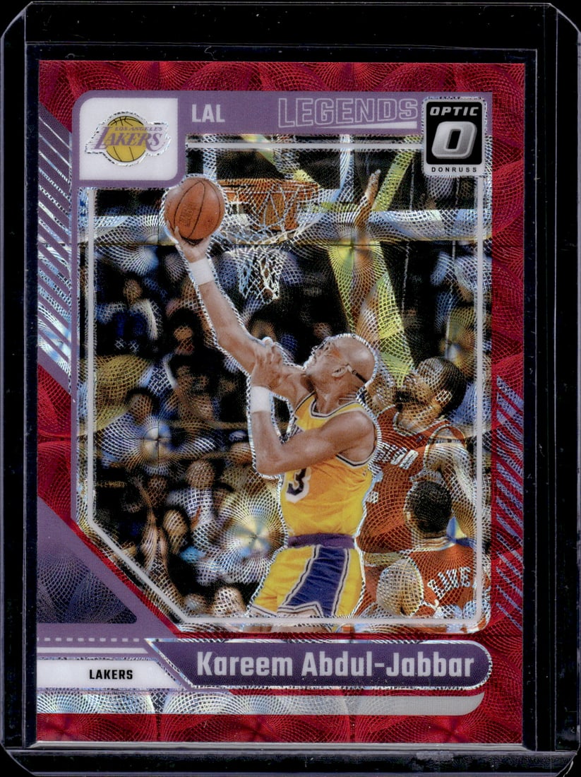 Kareem Abdul-Jabbar Red International Prizm 2024-25 Donruss Optic #228 Lakers: Panini Select, Prizm, Mosaic, Contenders, Revolution, Phoenix, NBA Hoops, Rookie NFL Sports Trading Cards, Silver, SP, SSP, Wave Prizms, Numbered Cards, Basketball sports Cards for Sale Near Me, NBA C
