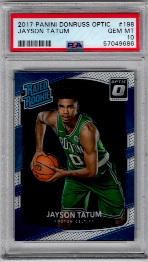 Jayson Tatum Rookie Card 2017-18 Donruss Optic #198 PSA 10 Boston Celtics: Panini Select, Prizm, Mosaic, Contenders, Revolution, Phoenix, NBA Hoops, Rookie NFL Sports Trading Cards, Silver, SP, SSP, Wave Prizms, Numbered Cards, Basketball sports Cards for Sale Near Me, NBA C