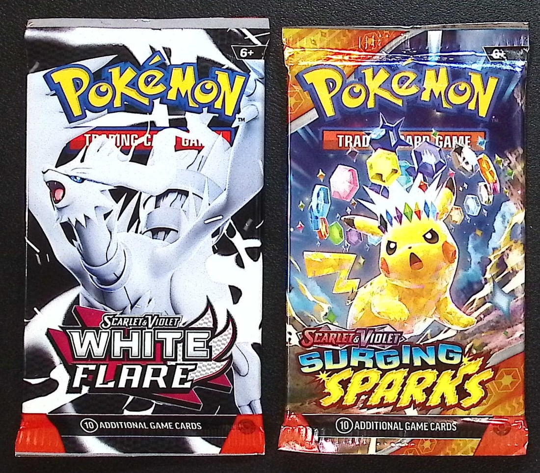 2 COUNT: 1 - White Flare & 1 - Surging Sparks Pokemon Booster Pack: Pokemon Trading Card Game Cards, Charizard, Pikachu, Mewto, EX, Referse Holo, Holo Rare Cards, Secret Rare Cards, Full Art Cards, Evee, 3 Stars Ultra Rare Cards, Double Rare, Illustration Rare, Specia