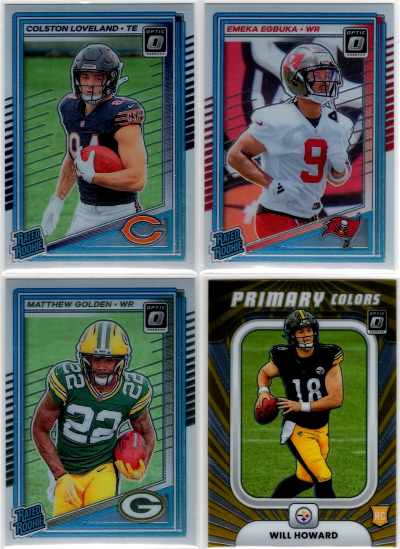 Lot of 4 2025 Donruss Optic NFL Rookie Cards. Loveland, Egbuka, Golden, Howard Insert: Panini Select, Prizm, Mosaic, Contenders, Zenith, Phoenix, Illusions, Absolute, Rookie NFL Sports Trading Cards, SP, SSP, Cards, Football Cards for Sale Near Me, Superbowl & Hall of Fame Player Cards,