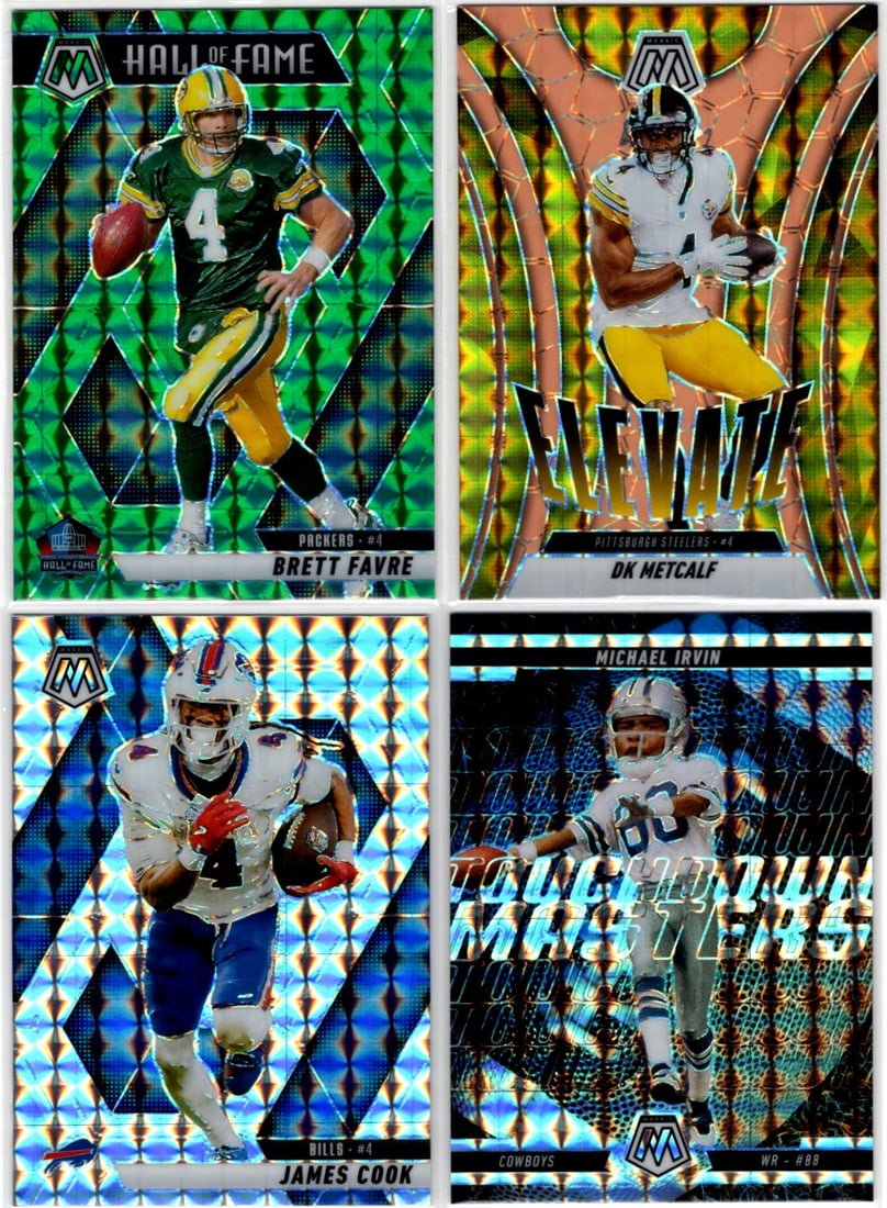 Lot of 4 2025 Panini Mosaic NFL Mosaic Prizms. Brett Favre, Metcalf, James Cook, Irvin: Panini Select, Prizm, Mosaic, Contenders, Zenith, Phoenix, Illusions, Absolute, Rookie NFL Sports Trading Cards, SP, SSP, Cards, Football Cards for Sale Near Me, Superbowl & Hall of Fame Player Cards,