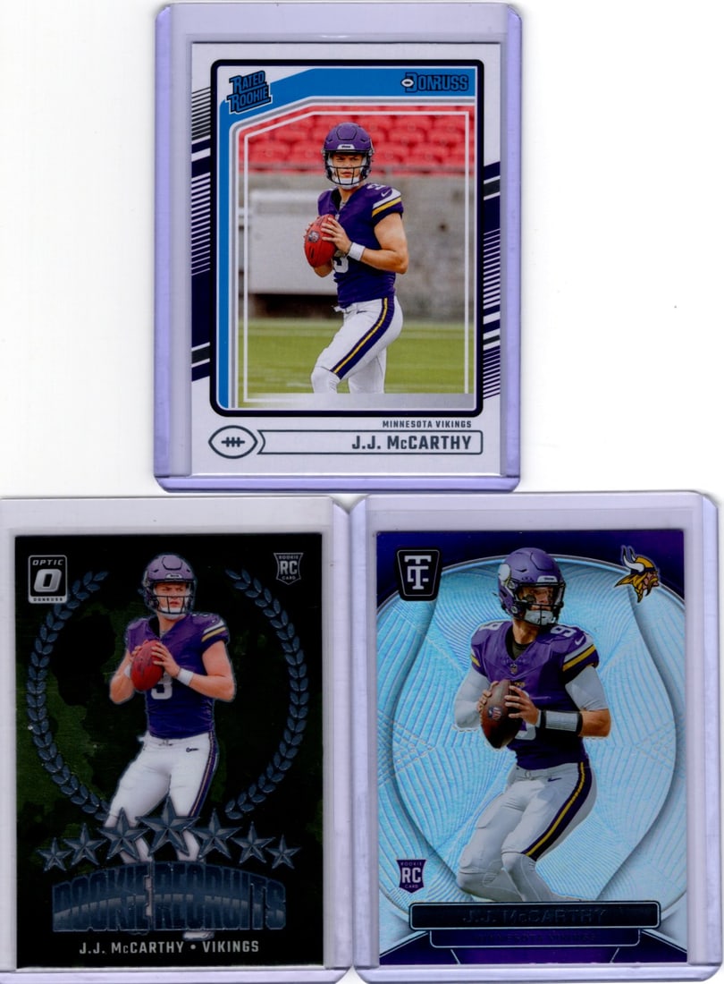 Lot of 3 JJ McCarthy Panini Rookie Cards. All Different, See Pictures, Minneosta Vikings: Panini Select, Prizm, Mosaic, Contenders, Zenith, Phoenix, Illusions, Absolute, Rookie NFL Sports Trading Cards, SP, SSP, Cards, Football Cards for Sale Near Me, Superbowl & Hall of Fame Player Cards,