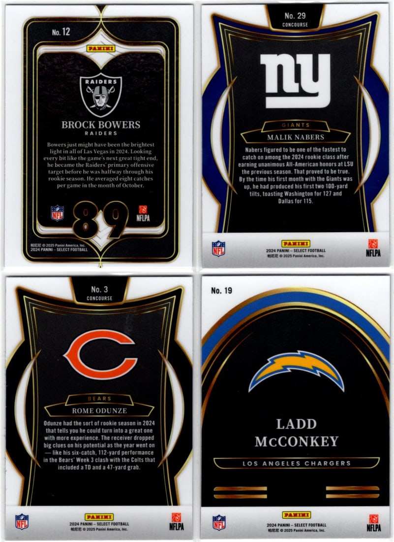 Lot of 4 2024 Select NFL Rookie Cards. Bowers, Nabers, Odunze, McConkey: Panini Select, Prizm, Mosaic, Contenders, Zenith, Phoenix, Illusions, Absolute, Rookie NFL Sports Trading Cards, SP, SSP, Cards, Football Cards for Sale Near Me, Superbowl & Hall of Fame Player Cards,
