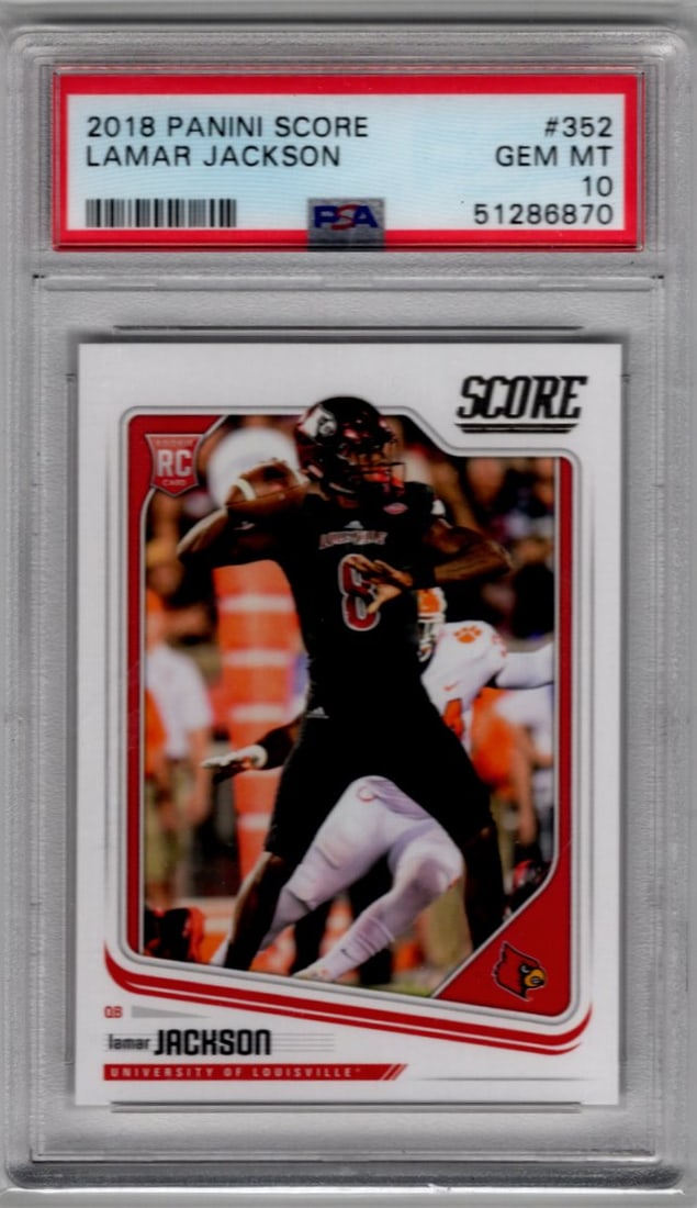 Lamar Jackson Rookie Card 2018 Panini Score #352 PSA 10 Baltimore Ravens: Panini Select, Prizm, Mosaic, Contenders, Zenith, Phoenix, Illusions, Absolute, Rookie NFL Sports Trading Cards, SP, SSP, Cards, Football Cards for Sale Near Me, Superbowl & Hall of Fame Player Cards,
