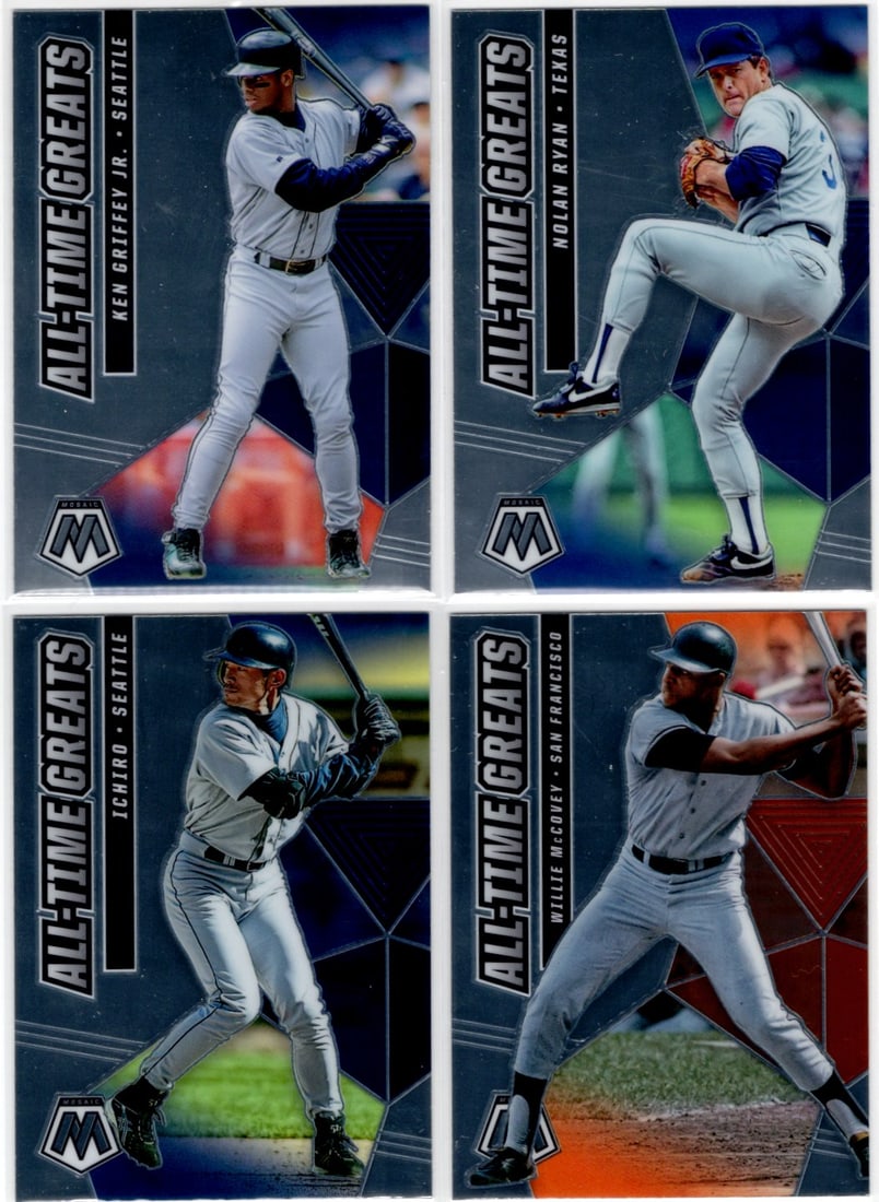 Lot of 4 2021 Mosaic Baseball All-Time Greats. Griffey Jr., Nolan Ryan, Ichiro, McCovey: Panini Baseball MLB Trading & Sports Cards, Sports Cards for Sale Near Me, Prizm, Mosaic, Select, SP, SSP, Auction Memorabilia Lots for Sale On Line, World Series & Hall of Fame Players