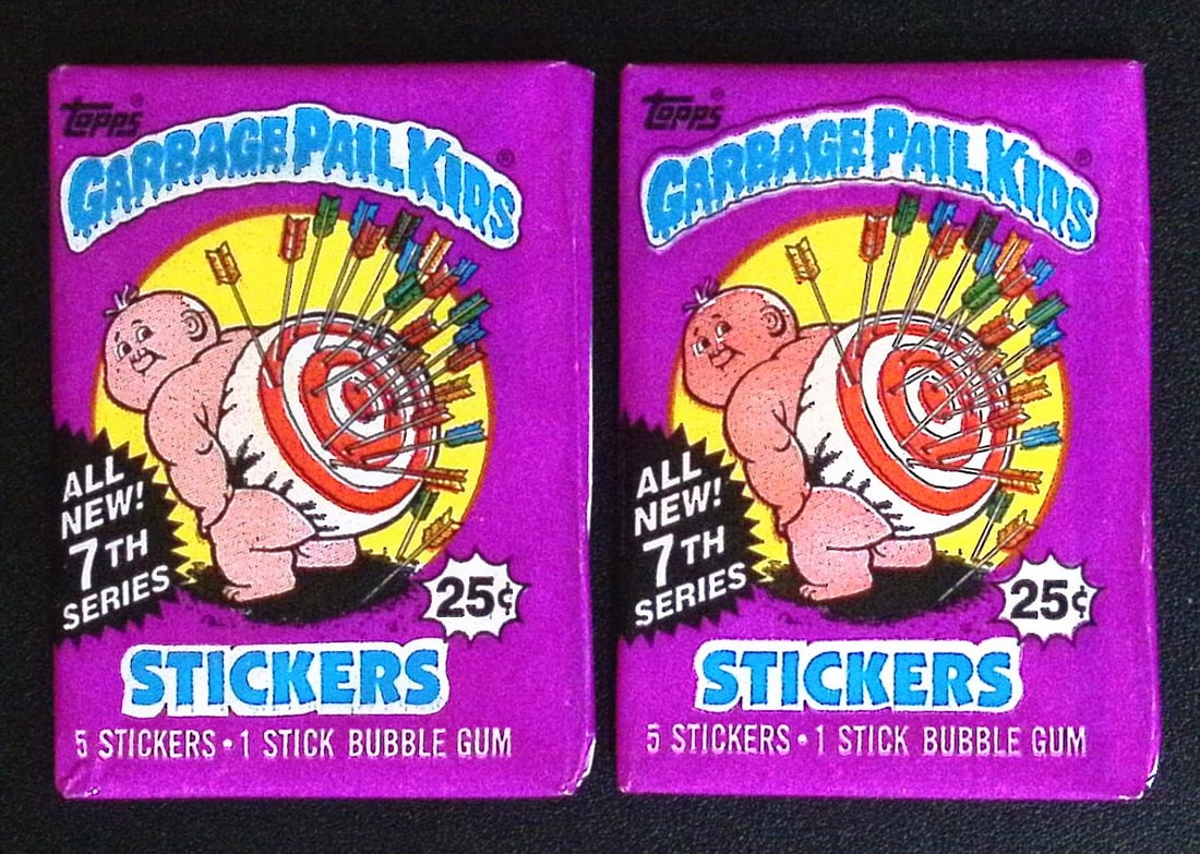 2 COUNT: 1987 Topps Vintage Garbage Pail Kids Retail Box Wax Pack - 7th Series: Sealed Packs this old have no card quality guarantees - Topps Trading Cards Sold on Line, Auction Lots for sale on line, Trading Card Stickers