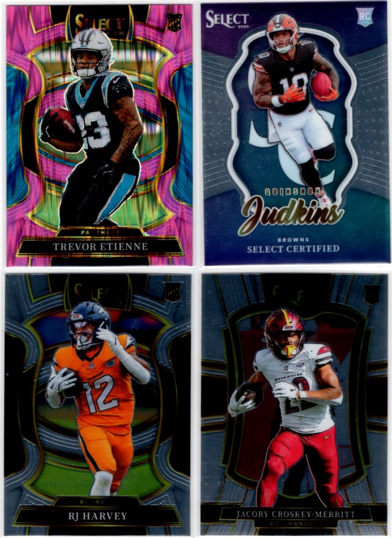 Lot of 4 2025 Select NFL RB Rookie Cards. All Different, See Pictures: Panini Select, Prizm, Mosaic, Contenders, Zenith, Phoenix, Illusions, Absolute, Rookie NFL Sports Trading Cards, SP, SSP, Cards, Football Cards for Sale Near Me, Superbowl & Hall of Fame Player Cards,