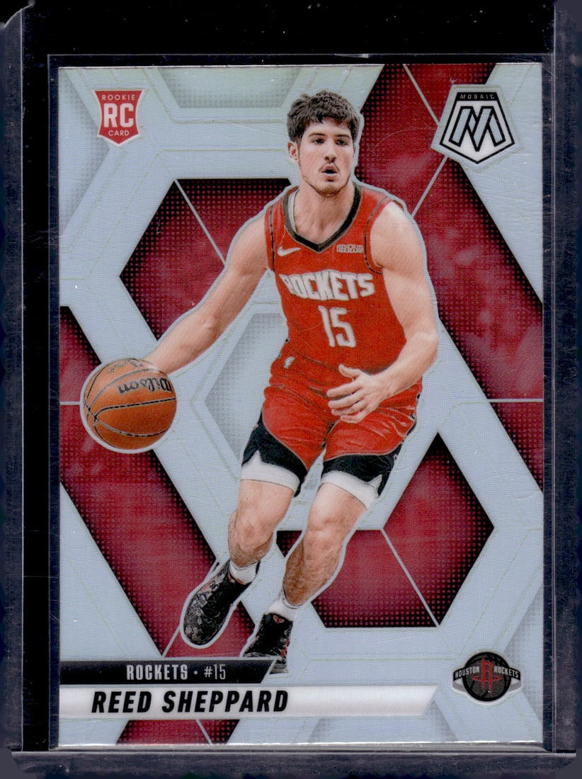 Reed Sheppard Rookie Card Silver Prizm 2024-25 Mosaic #249 Houston Rockets: Panini Select, Prizm, Mosaic, Contenders, Revolution, Phoenix, NBA Hoops, Rookie NFL Sports Trading Cards, Silver, SP, SSP, Wave Prizms, Numbered Cards, Basketball sports Cards for Sale Near Me, NBA C