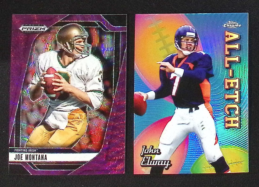 Joe Montana Purple Wave Prizm & John Elway Refractor Chrome All Etch; Panini 2025 & Topps 2024: Panini Select, Prizm, Mosaic, Contenders, Zenith, Phoenix, Illusions, Absolute, Rookie NFL Sports Trading Cards, SP, SSP, Cards, Football Cards for Sale Near Me, Superbowl & Hall of Fame Player Cards,