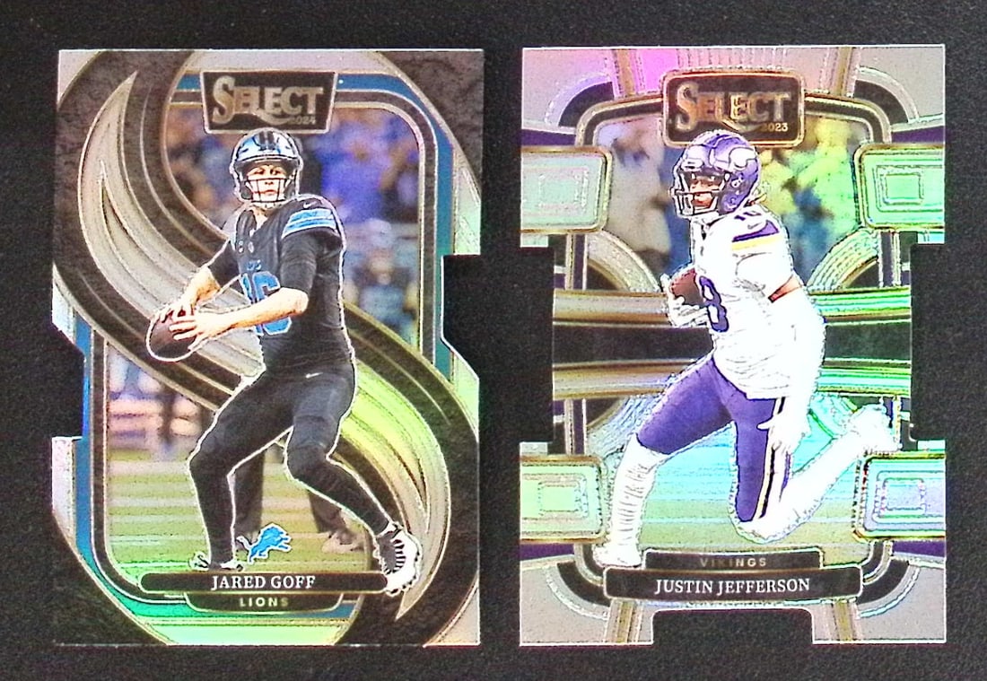 Die-Cut Silver Prizm NFL Stars Justin Jefferson 2023 & Jared Goff 2024 Panini Select: Panini Select, Prizm, Mosaic, Contenders, Zenith, Phoenix, Illusions, Absolute, Rookie NFL Sports Trading Cards, SP, SSP, Cards, Football Cards for Sale Near Me, Superbowl & Hall of Fame Player Cards,