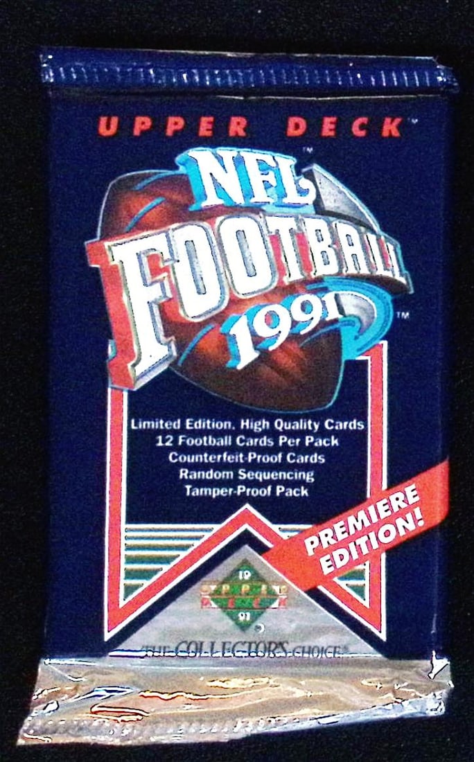 1991 Upper Deck Premier Edition Football Cards Retail Box Wax Pack, Sports Cards: Upper Deck Football NFL Trading & Sports Cards, John Elway, Bo Jackson, Jerry Rice, Dan Marino, Deion Sanders, Old Sports Cards for Sale Near Me, Vintage Valuable Auction Commemorative Lots for Sale O