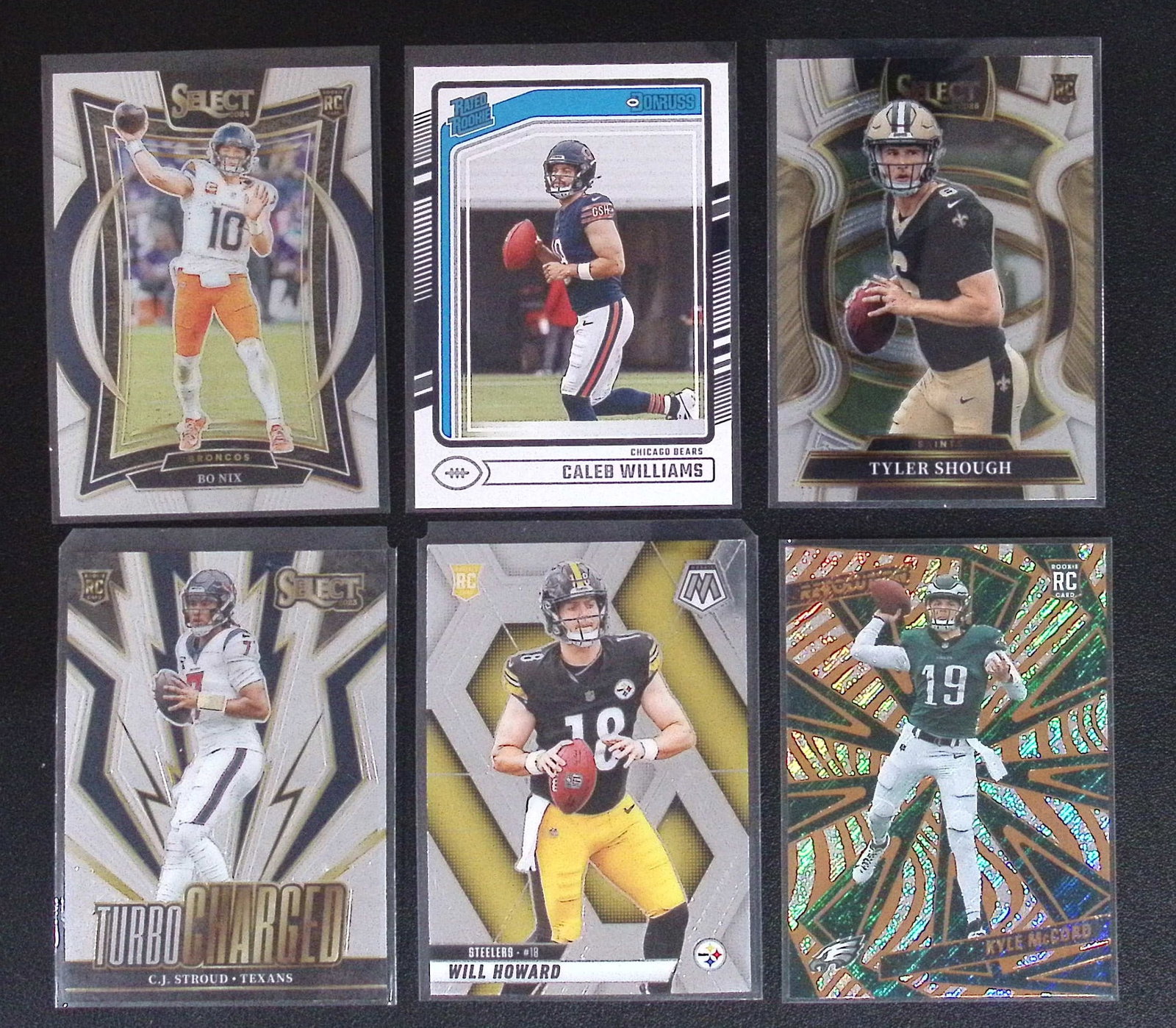 6 Rookie NFL Quarterback Cards: Bo Nix, Caleb Williams, Tyler Shough, C.J. Stroud, Will Howard, & (1 of 2)