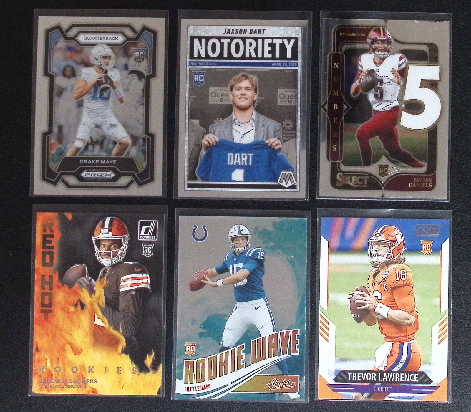 6 Rookie NFL Quarterback Cards: Drake Maye, Jaxson Dart, Jayden Daniels, Trevor Lawrence, Shedeur: Panini Select, Prizm, Mosaic, Contenders, Zenith, Phoenix, Illusions, Absolute, Rookie NFL Sports Trading Cards, SP, SSP, Cards, Football Cards for Sale Near Me, Superbowl & Hall of Fame Player Cards,