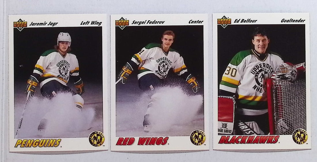 Jaromir Jagr, Sergei Federov, Ed Belfour Ace Rookies 1991 Upper #'s: 42, 40, & 49 NHL Trading Cards: Upper Deck Vintage NHL Hockey Trading & Sports Cards, Old Sports Cards for Sale Near Me, Stanley Cup & Hall of Fame Players, Valuable Auction Memorabilia Lots for Sale On Line