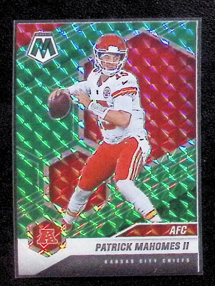 Patrick Mahomes Green Mosaic Prizm 2021 Panini Mosaic #221: Panini Select, Prizm, Mosaic, Contenders, Zenith, Phoenix, Illusions, Absolute, Rookie NFL Sports Trading Cards, SP, SSP, Cards, Football Cards for Sale Near Me, Superbowl & Hall of Fame Player Cards,