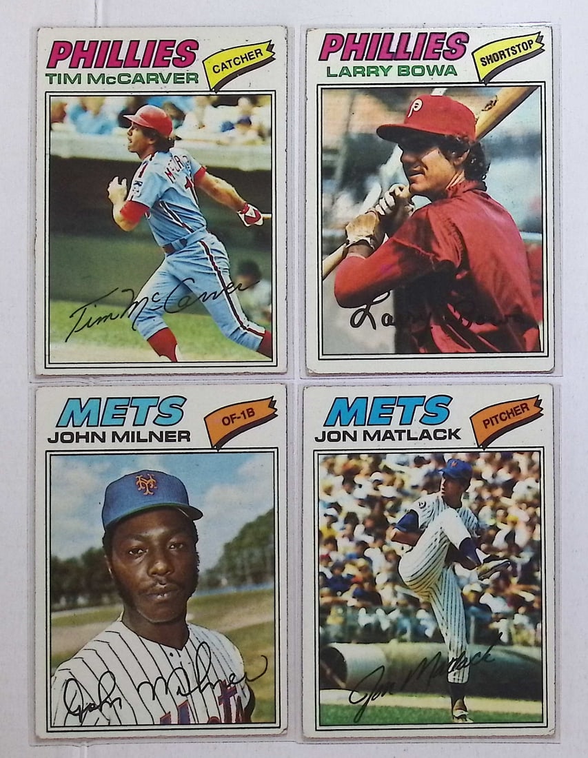 4 Vintage 1977 Topps Baseball Cards: Larry Bowa, Tim McCarver, John Matlack, & John Milner (1 of 2)