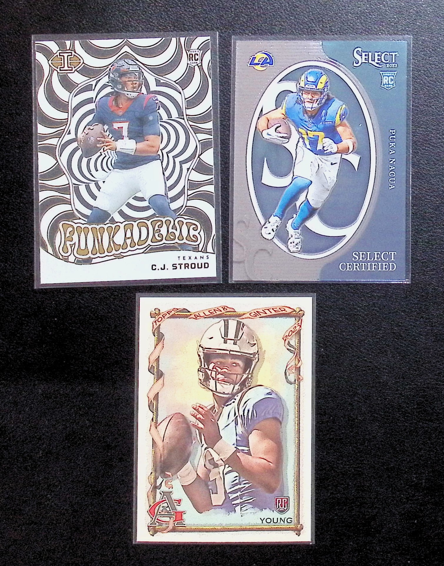 3 NFL Rookie Cards of Stars: Puka Nacua Select Certified, C.J. Stroud Acetate Funkadelic, & Bryce: Panini Select, Prizm, Mosaic, Contenders, Zenith, Phoenix, Illusions, Absolute, Rookie NFL Sports Trading Cards, SP, SSP, Cards, Football Cards for Sale Near Me, Superbowl & Hall of Fame Player Cards,