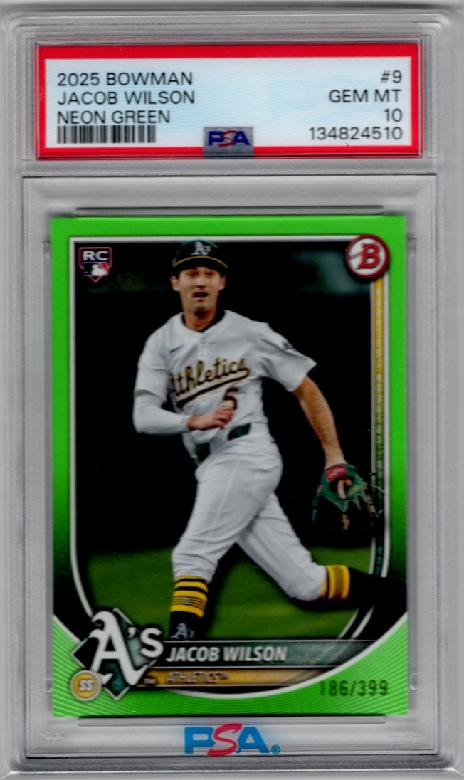 Jacob Wilson Rookie Card Neon Green /399 2025 Bowman #9 PSA 10 POP 8!!: Bowman Baseball MLB Trading & Sports Cards, Sports Cards for Sale Near Me, World Series & Hall of Fame Players, SP, SSP, Chrome, 1st Bowman, Auction Memorabilia Lots Sold On Line