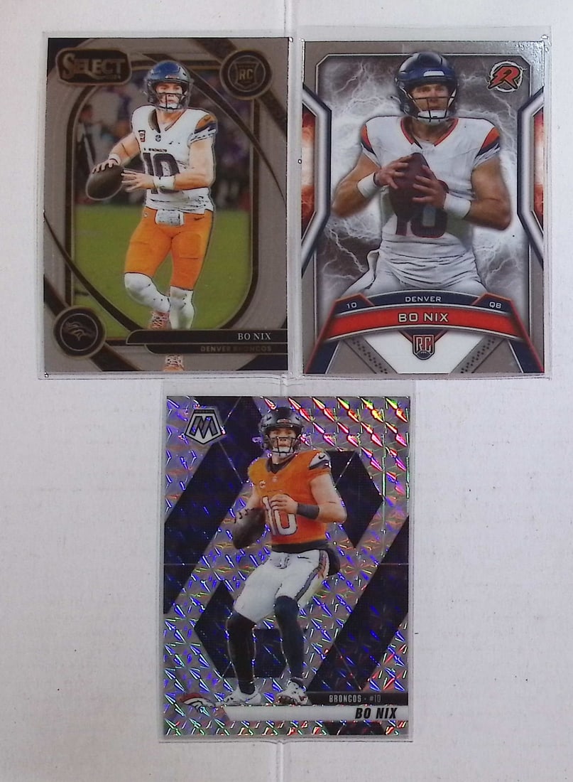 3 Bo Nix Panini & Topps Football Cards: 2 Rookies & 1 Second Year Silver Mosaic Prizm: Panini Select, Prizm, Mosaic, Contenders, Zenith, Phoenix, Illusions, Absolute, Rookie NFL Sports Trading Cards, SP, SSP, Cards, Football Cards for Sale Near Me, Superbowl & Hall of Fame Player Cards,