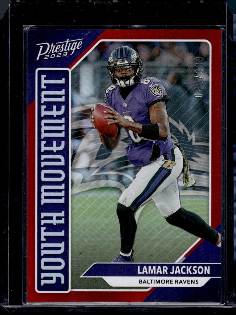 Lamar Jackson Red /399 2023 Panini Prestige #YM-5 Baltimore Ravens: Panini Select, Prizm, Mosaic, Contenders, Zenith, Phoenix, Illusions, Absolute, Rookie NFL Sports Trading Cards, SP, SSP, Cards, Football Cards for Sale Near Me, Superbowl & Hall of Fame Player Cards,