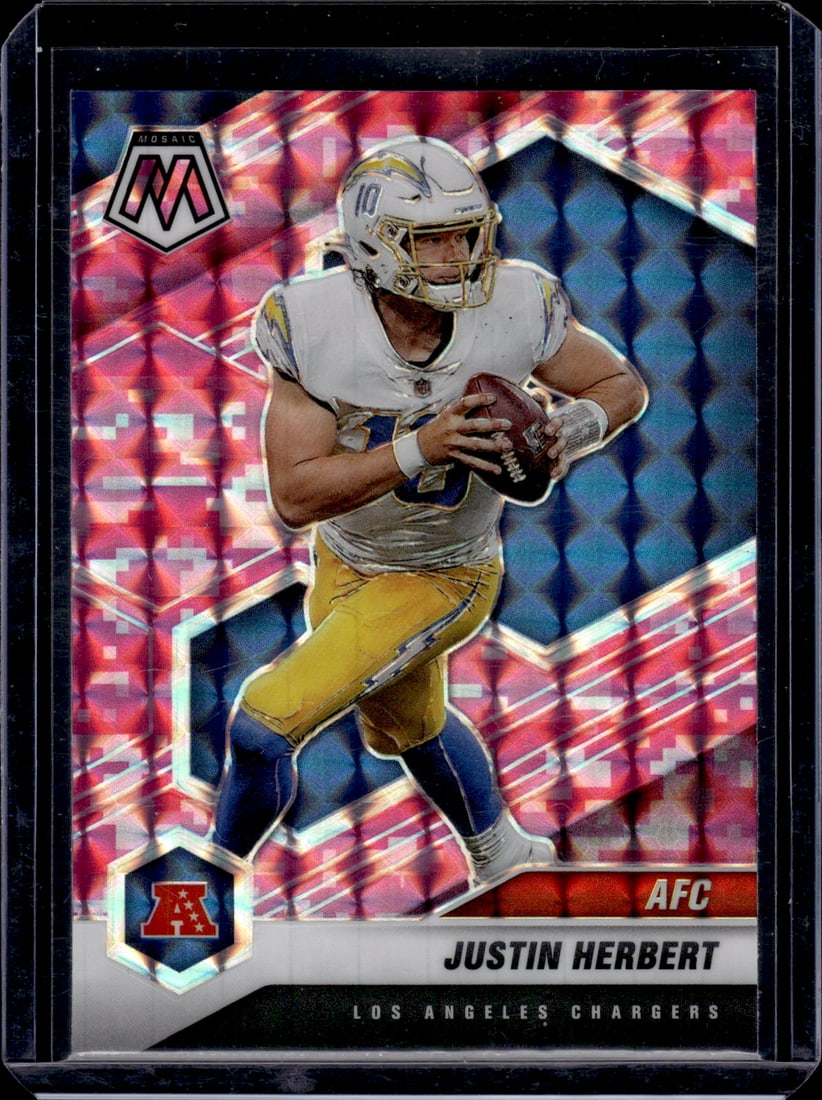 Justin Herbert Pink Camo Prizm 2021 Mosaic #224 Los Angeles Chargers: Panini Select, Prizm, Mosaic, Contenders, Zenith, Phoenix, Illusions, Absolute, Rookie NFL Sports Trading Cards, SP, SSP, Cards, Football Cards for Sale Near Me, Superbowl & Hall of Fame Player Cards,