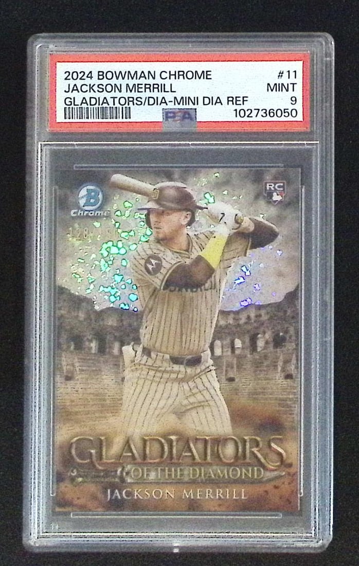 Jackson Merrill Rookie Card Gladiators Mini Diamond /150 2024 Bowman Chrome #11 PSA 9 (1 of 2)