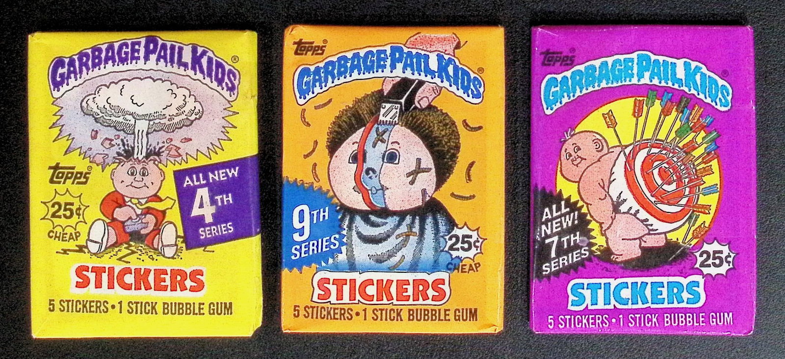1986 & '87 Topps Vintage Garbage Pail Kids Retail Box Triple Pack: Sealed Packs this old have no card quality guarantees - Topps Trading Cards Sold on Line, Auction Lots for sale on line, Trading Card Stickers