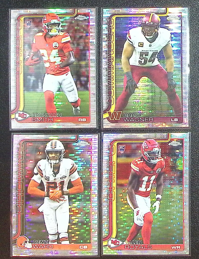 Lot of 4 2025 Topps Chrome NFL Pulsar Refractors. All Different, See Pictures: Topps Football NFL Trading Sports Cards, Sports Cards for Sale Near Me, Super Bowl & Hall of Fame Player Cards, Resurgence, Composite, SP, SSP, Valuable Auction Memorabilia Lots For Sale On Line