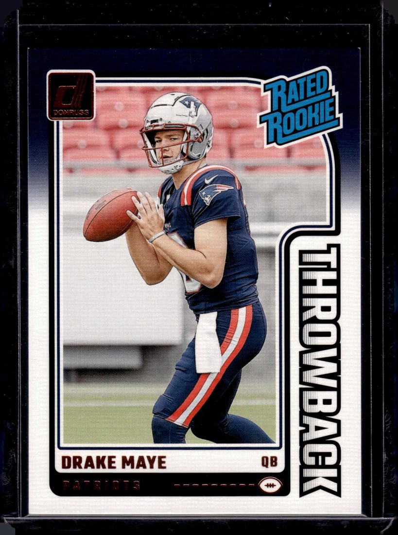 Drake Maye Rookie Card Throwback 2024 Donruss #49 New England Patriots: Panini Select, Prizm, Mosaic, Contenders, Zenith, Phoenix, Illusions, Absolute, Rookie NFL Sports Trading Cards, SP, SSP, Cards, Football Cards for Sale Near Me, Superbowl & Hall of Fame Player Cards,