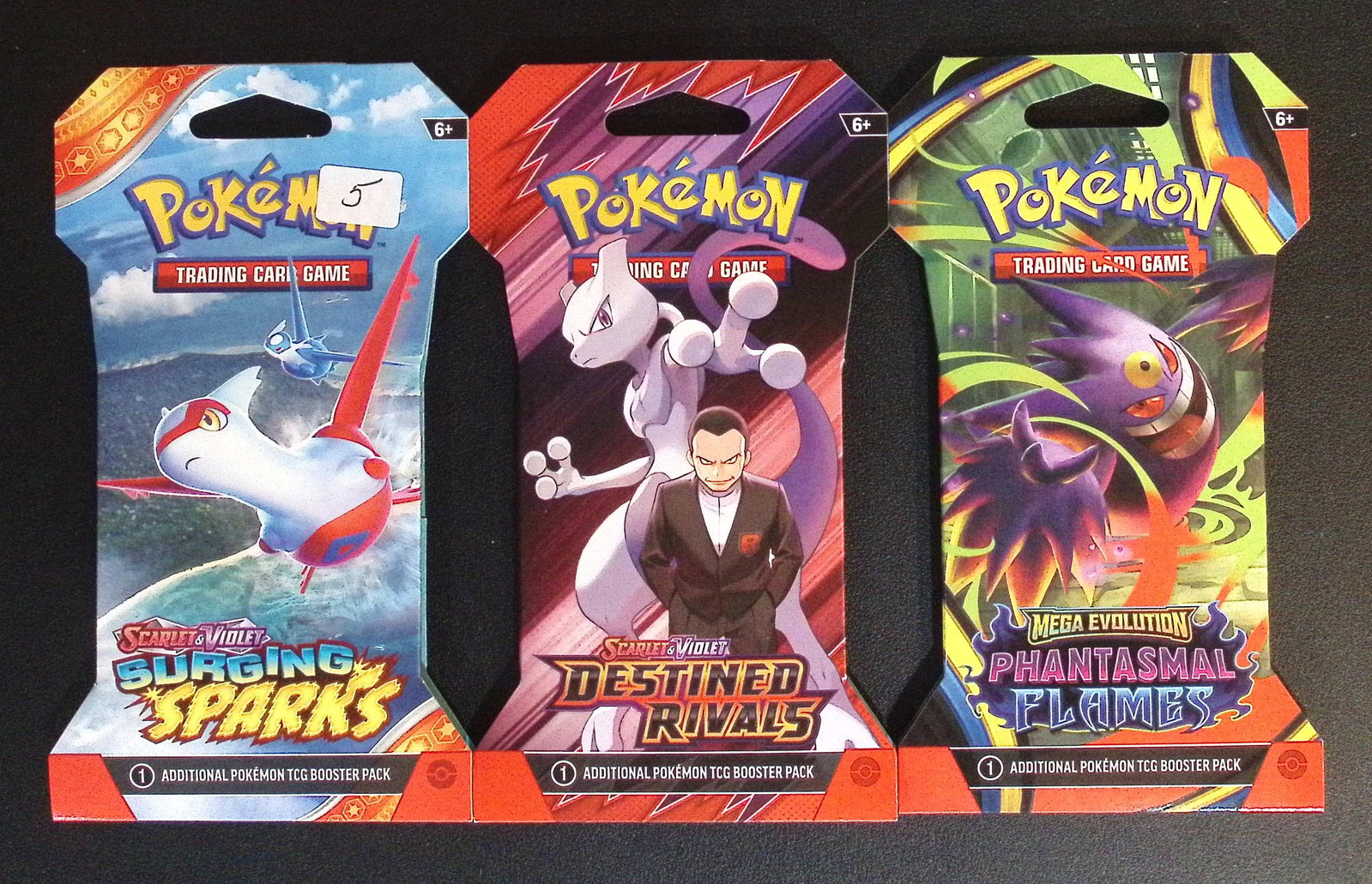 3 COUNT: 1 - Pokemon Surging Sparks, 1 - Destined Rivals, & 1 - PHANTASMAL FLAMES BOOSTER PACK: Pokemon Trading Card Game Cards, Charizard, Pikachu, Mewto, EX, Referse Holo, Holo Rare Cards, Secret Rare Cards, Full Art Cards, Evee, 3 Stars Ultra Rare Cards, Double Rare, Illustration Rare, Specia
