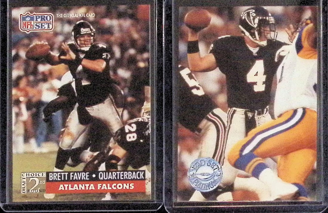2 - Brett Favre Rookie Cards: 1991 Pro Set #762 & 1991 Pro Set Platinum #290: Pro Set Vintage Football NFL Trading Cards, Old Sports Cards for Sale Near Me, Hall of Fame & Super Bowl Player Cards, Auction Memorabilia Lots for Sale on Line