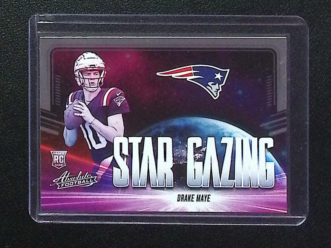 Drake Maye Rookie Card Star Gazing Insert 2024 Panini Absolute #SG-DME: Panini Select, Prizm, Mosaic, Contenders, Zenith, Phoenix, Illusions, Absolute, Rookie NFL Sports Trading Cards, SP, SSP, Cards, Football Cards for Sale Near Me, Superbowl & Hall of Fame Player Cards,