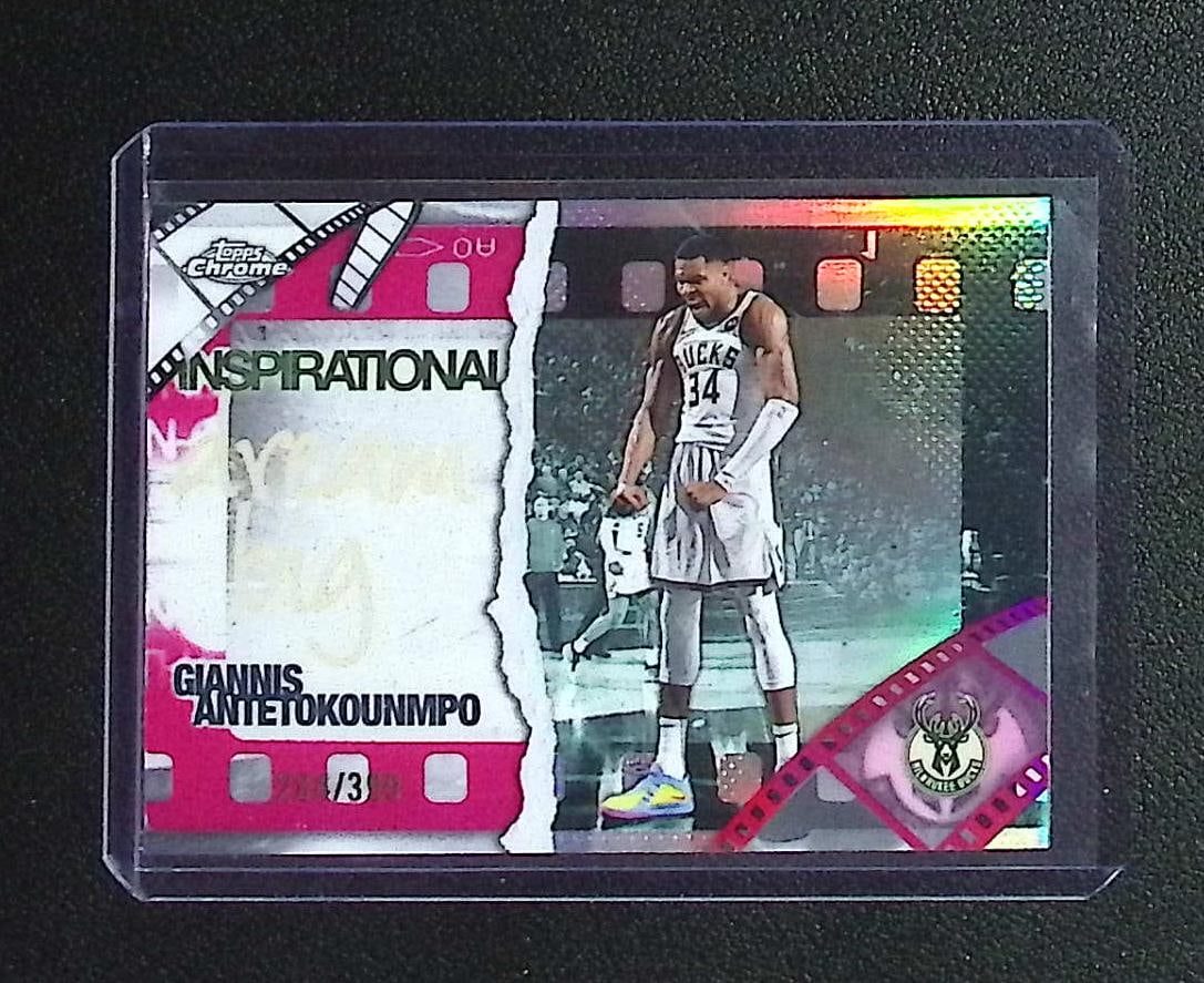 Giannis Antetokounmpo /399 Pink Refractor Inspirational Insert 2025 Topps Chrome #IP-3: Topps Basketball NBA Trading & Sports Cards, Sports Cards for Sale Near Me, Chrome, Refractor, SP, SSP, Valuable Auction Memorabilia Lots Sold On Line, NBA Championship & Hall of Fame Player Cards