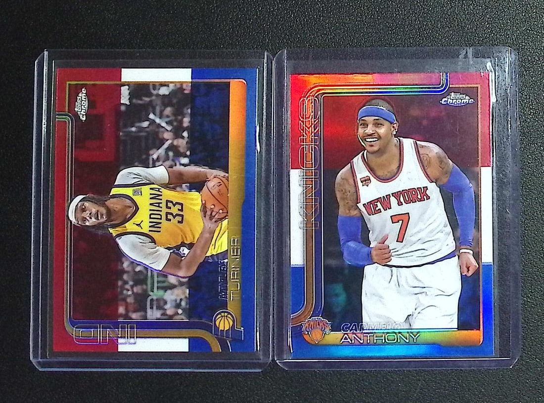 2 - Red, White, & Blue Refractor 2025 Topps Chrome: Carmelo Anthony & Myles Turner: Topps Basketball NBA Trading & Sports Cards, Sports Cards for Sale Near Me, Chrome, Refractor, SP, SSP, Valuable Auction Memorabilia Lots Sold On Line, NBA Championship & Hall of Fame Player Cards