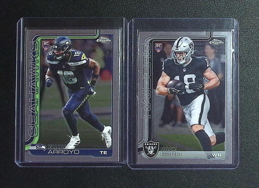 2 - Rookie Cards of 2025 Topps Chrome Football Elijah Arroyo & Jack Bech: Topps Football NFL Trading Sports Cards, Sports Cards for Sale Near Me, Super Bowl & Hall of Fame Player Cards, Resurgence, Composite, SP, SSP, Valuable Auction Memorabilia Lots For Sale On Line