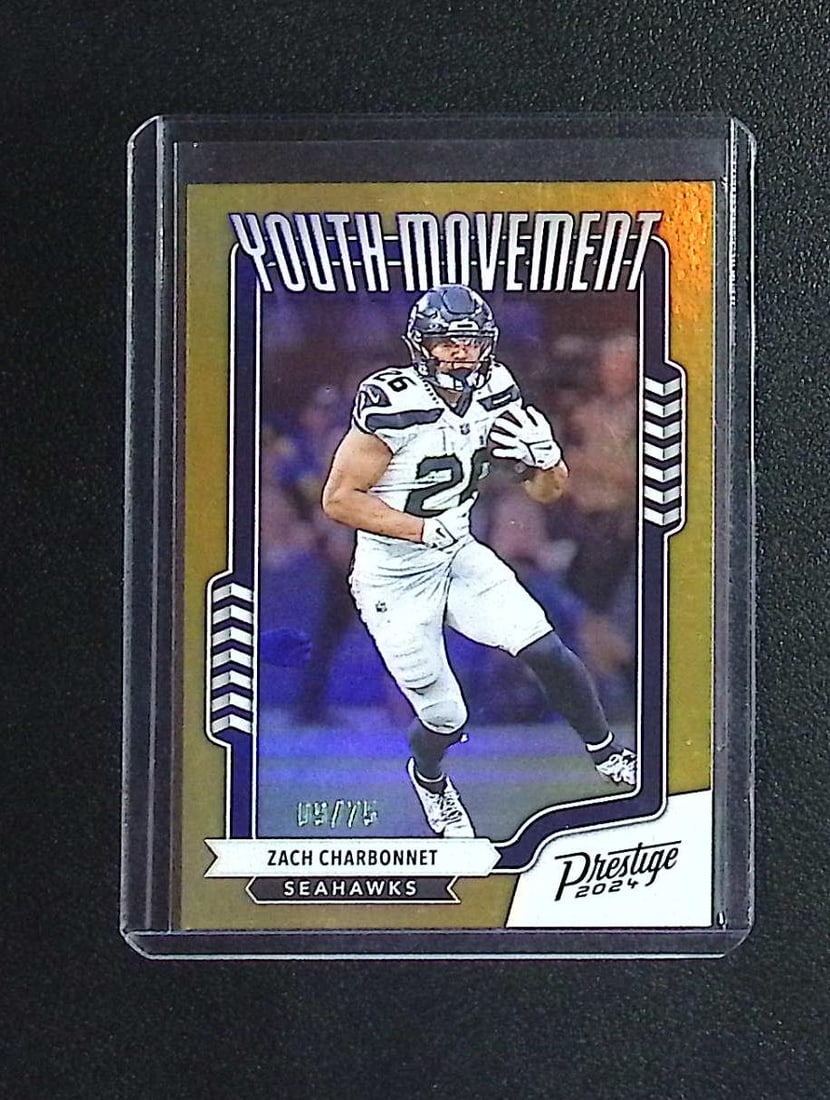 Zach Charbonnet /75 Youth Movement Gold Prizm 2024 Panini Prestige YM-ZCT: Panini Select, Prizm, Mosaic, Contenders, Zenith, Phoenix, Illusions, Absolute, Rookie NFL Sports Trading Cards, SP, SSP, Cards, Football Cards for Sale Near Me, Superbowl & Hall of Fame Player Cards,