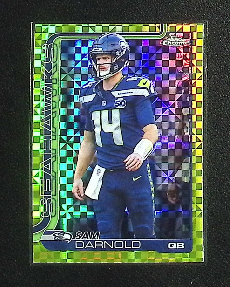 Sam Darnold Lime Green X-Fractor Refractor 2025 Topps Chrome #275: Topps Football NFL Trading Sports Cards, Sports Cards for Sale Near Me, Super Bowl & Hall of Fame Player Cards, Resurgence, Composite, SP, SSP, Valuable Auction Memorabilia Lots For Sale On Line