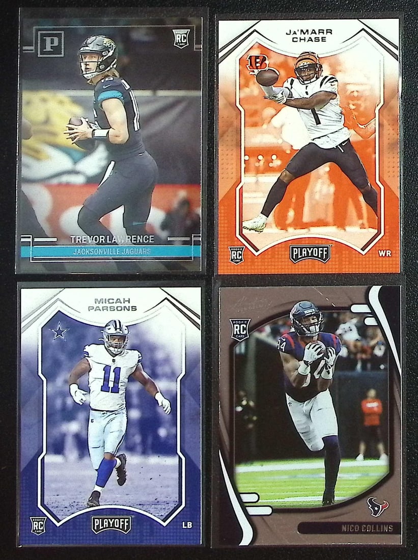 Lot of 4 2021 Panini NFL Rookie Cards. Trevor Lawrence, Ja'Marr Chase, Parsons, Collins: Panini Select, Prizm, Mosaic, Contenders, Zenith, Phoenix, Illusions, Absolute, Rookie NFL Sports Trading Cards, SP, SSP, Cards, Football Cards for Sale Near Me, Superbowl & Hall of Fame Player Cards,