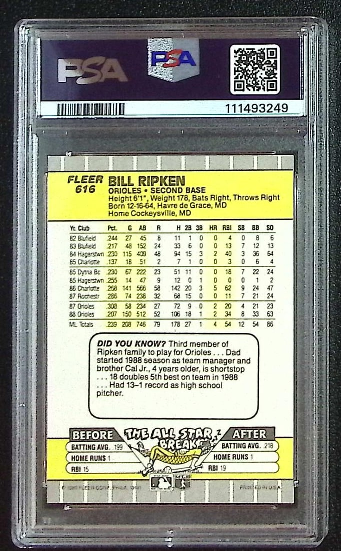 Bill Ripken FF Error 1989 Fleer #616 PSA 8 Baltimore Orioles - 2