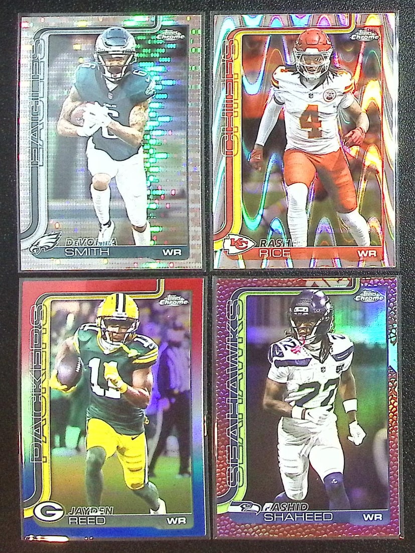 Lot of 4 2025 Topps Chrome Football WR Refractors. Smith, Rice, Reed, Shaheed: Topps Football NFL Trading Sports Cards, Sports Cards for Sale Near Me, Super Bowl & Hall of Fame Player Cards, Resurgence, Composite, SP, SSP, Valuable Auction Memorabilia Lots For Sale On Line