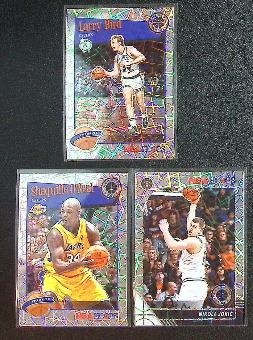 Lot of 3 2019-20 Premium Stock NBA Lazer Prizms. Larry Bird, Shaquille O'Neal, Jokic: Panini Select, Prizm, Mosaic, Contenders, Revolution, Phoenix, NBA Hoops, Rookie NFL Sports Trading Cards, Silver, SP, SSP, Wave Prizms, Numbered Cards, Basketball sports Cards for Sale Near Me, NBA C