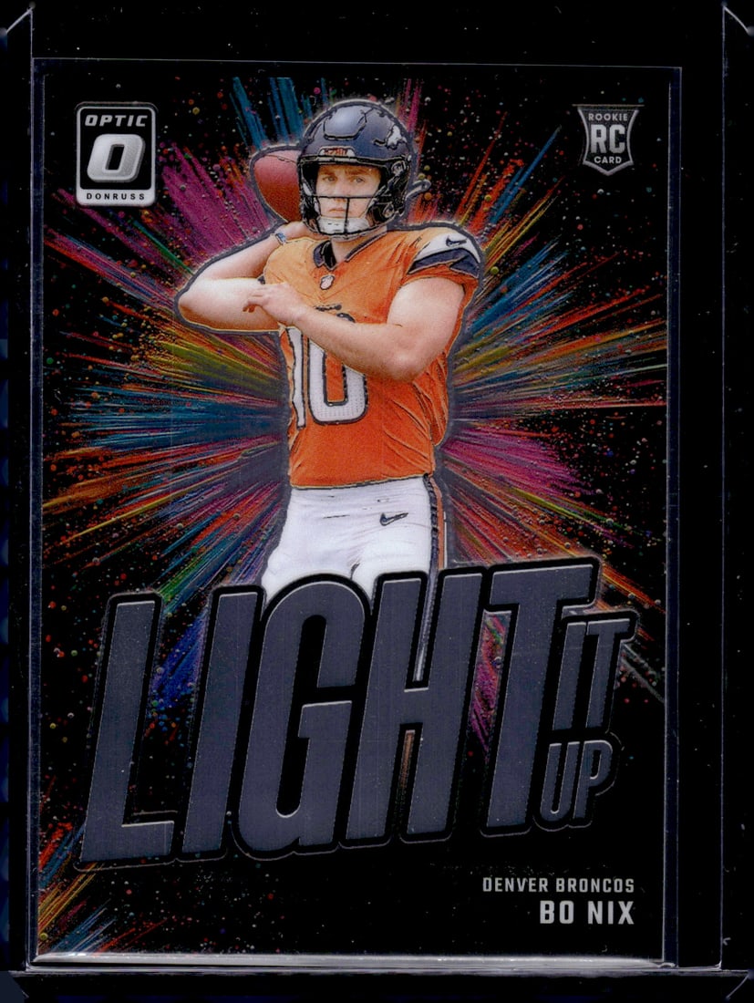 Bo Nix Rookie Card Light It Up 2024 Donruss Optic #6 Denver Broncos: Panini Select, Prizm, Mosaic, Contenders, Zenith, Phoenix, Illusions, Absolute, Rookie NFL Sports Trading Cards, SP, SSP, Cards, Football Cards for Sale Near Me, Superbowl & Hall of Fame Player Cards,