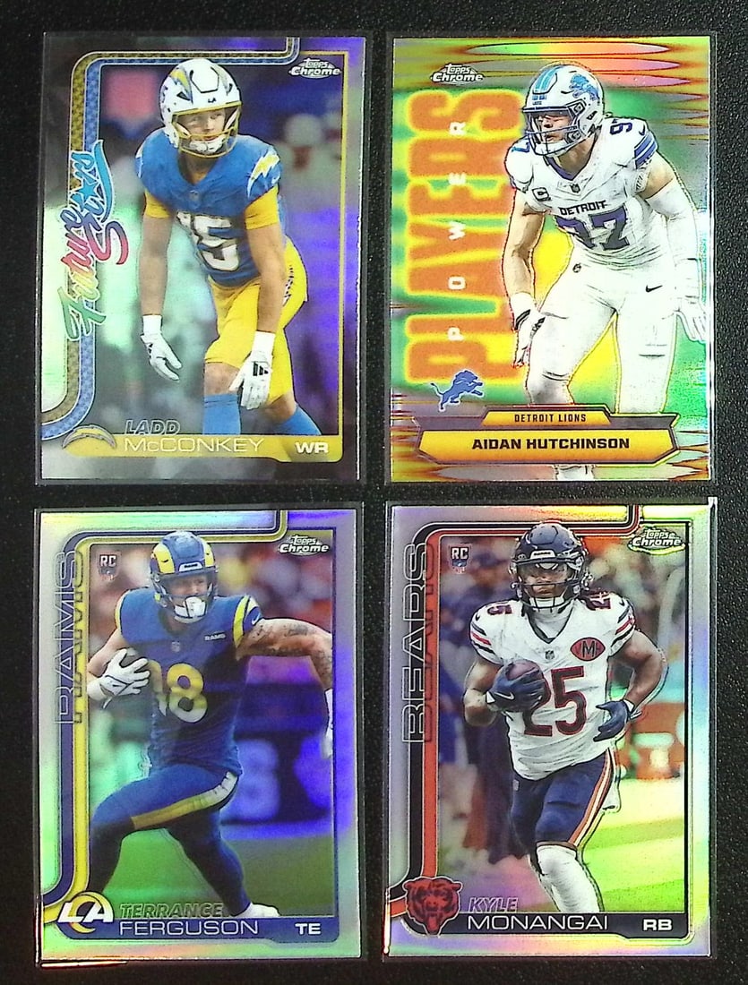 Lot of 4 2025 Topps Chrome NFL Refractor Rookies & Inserts. All Different, See Pictures: Topps Football NFL Trading Sports Cards, Sports Cards for Sale Near Me, Super Bowl & Hall of Fame Player Cards, Resurgence, Composite, SP, SSP, Valuable Auction Memorabilia Lots For Sale On Line